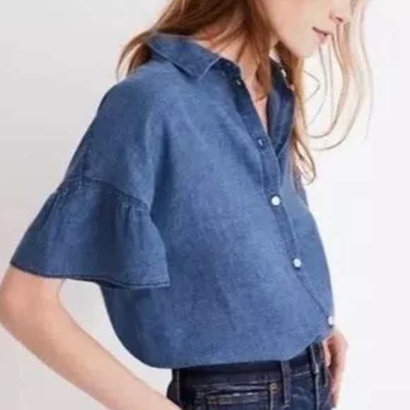 Madewell Cotton & Linen Blend Button Down Ruffle Short Sleeve Blouse Size XS - Picture 1 of 7